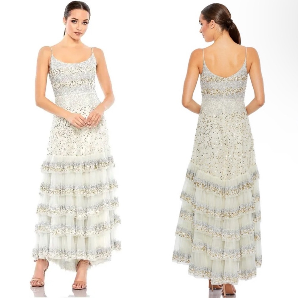 NWT 10883 Mac Duggal Tiered Ruffle Sequin Gown